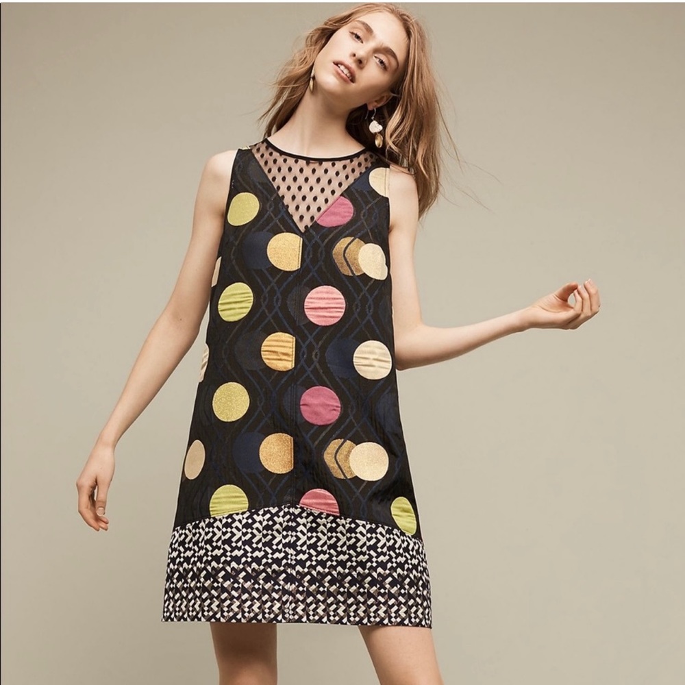 NWT XS Anthropologie Maeve Tilde Shift Jacquard Dress Black Dots Mod Pop Art